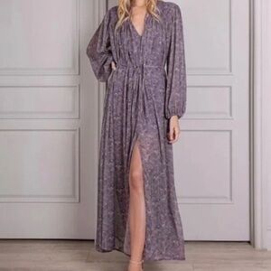 Senlis‎ Purple Bird Print Sinclair Tie Neck Puff Sleeve Maxi Dress. Size S